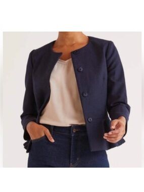 Boden blue long sleeve cotton flax blend casual collarless blazer jacket size 10